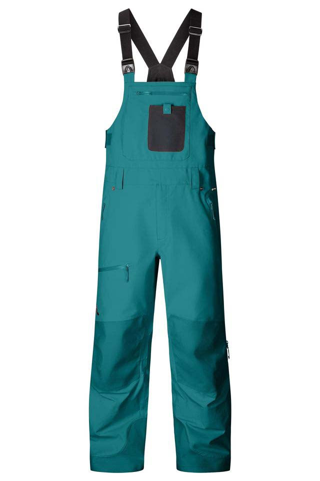 MBakerBib-Green bib overalls with black suspenders on a white background