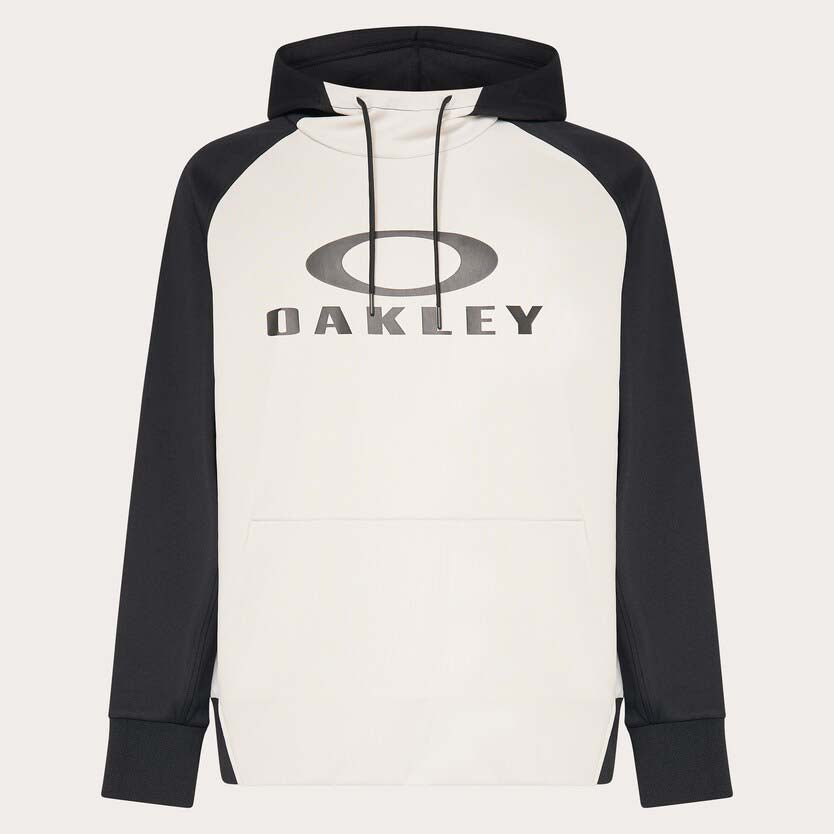 White and black hoodie with Oakley logo on a white background