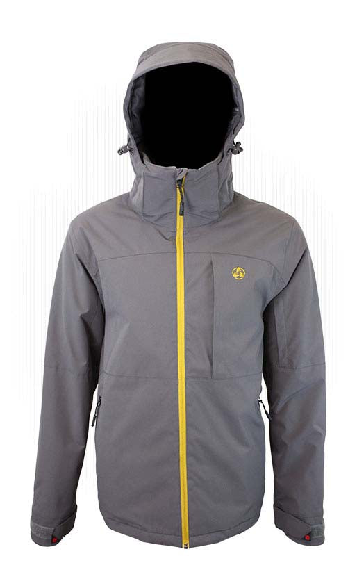 MBooterJacket- Gray jacket with a yellow zipper on a white background