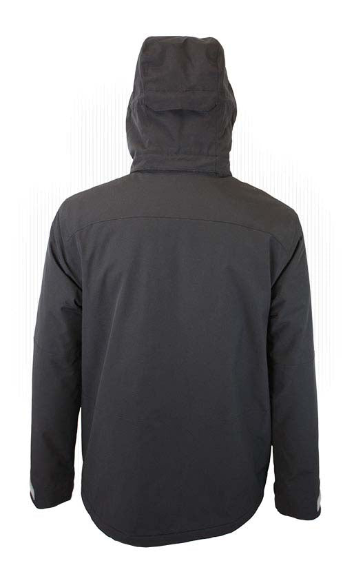 MBooterJacket- Black jacket with a hood on a white background