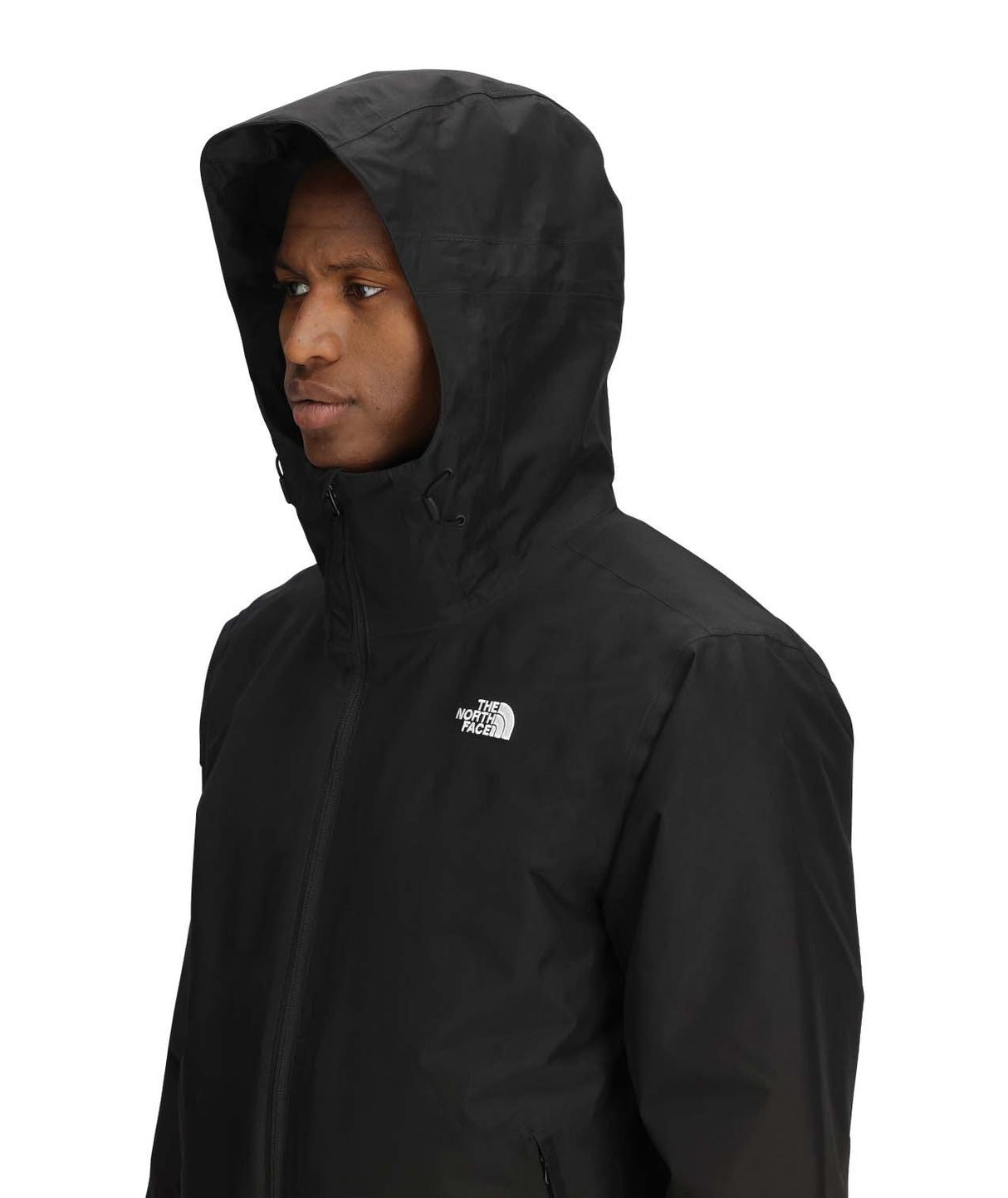 MCartoMonoTriclimateHoodedJacket-Black jacket with The North Face logo on a white background