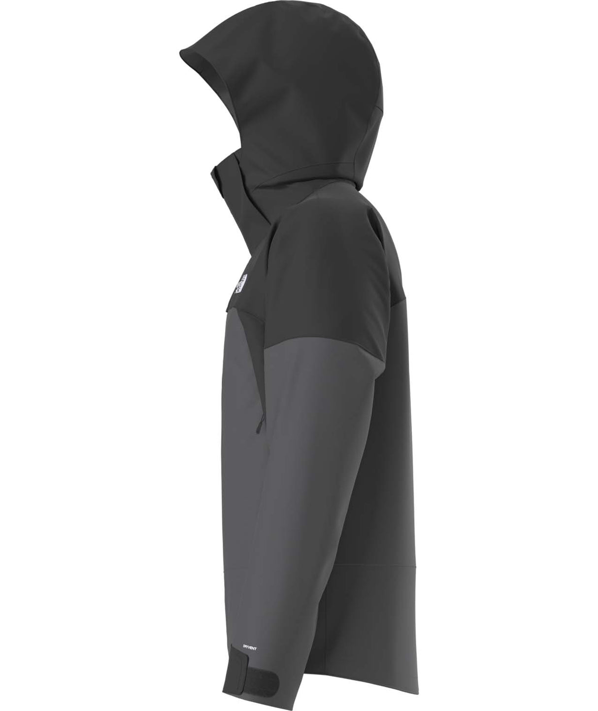 MChakalJacket-Side view of a black and gray hooded jacket on a white background