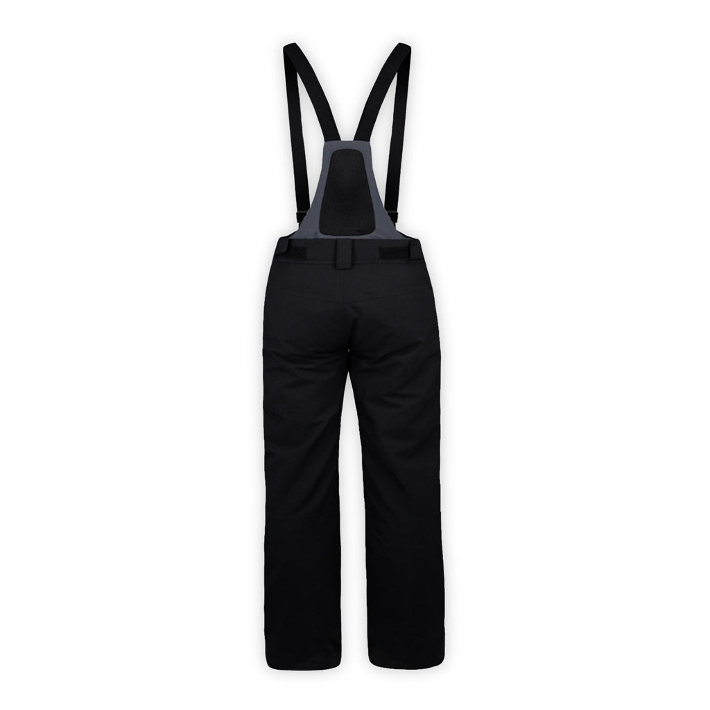 MDispatchSuspenderPant-Black snow pants with suspenders on a white background