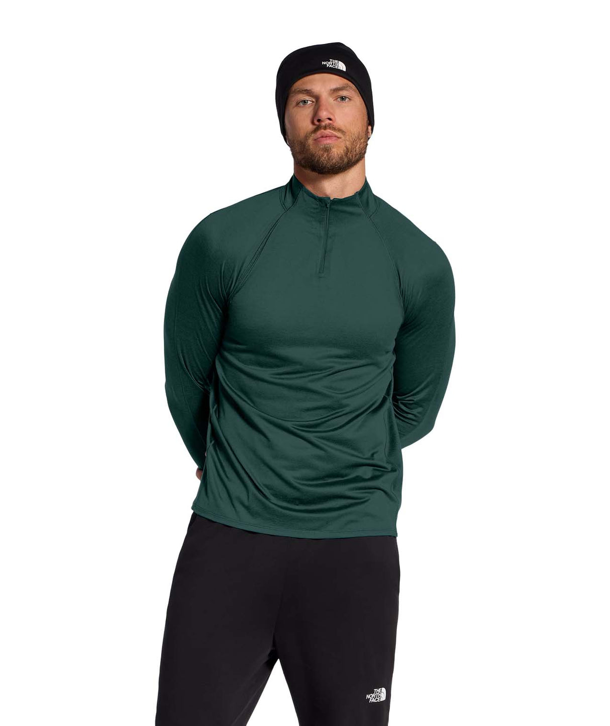 MDynamic1_4Zip-Green long-sleeve quarter zip with a high collar on a white background