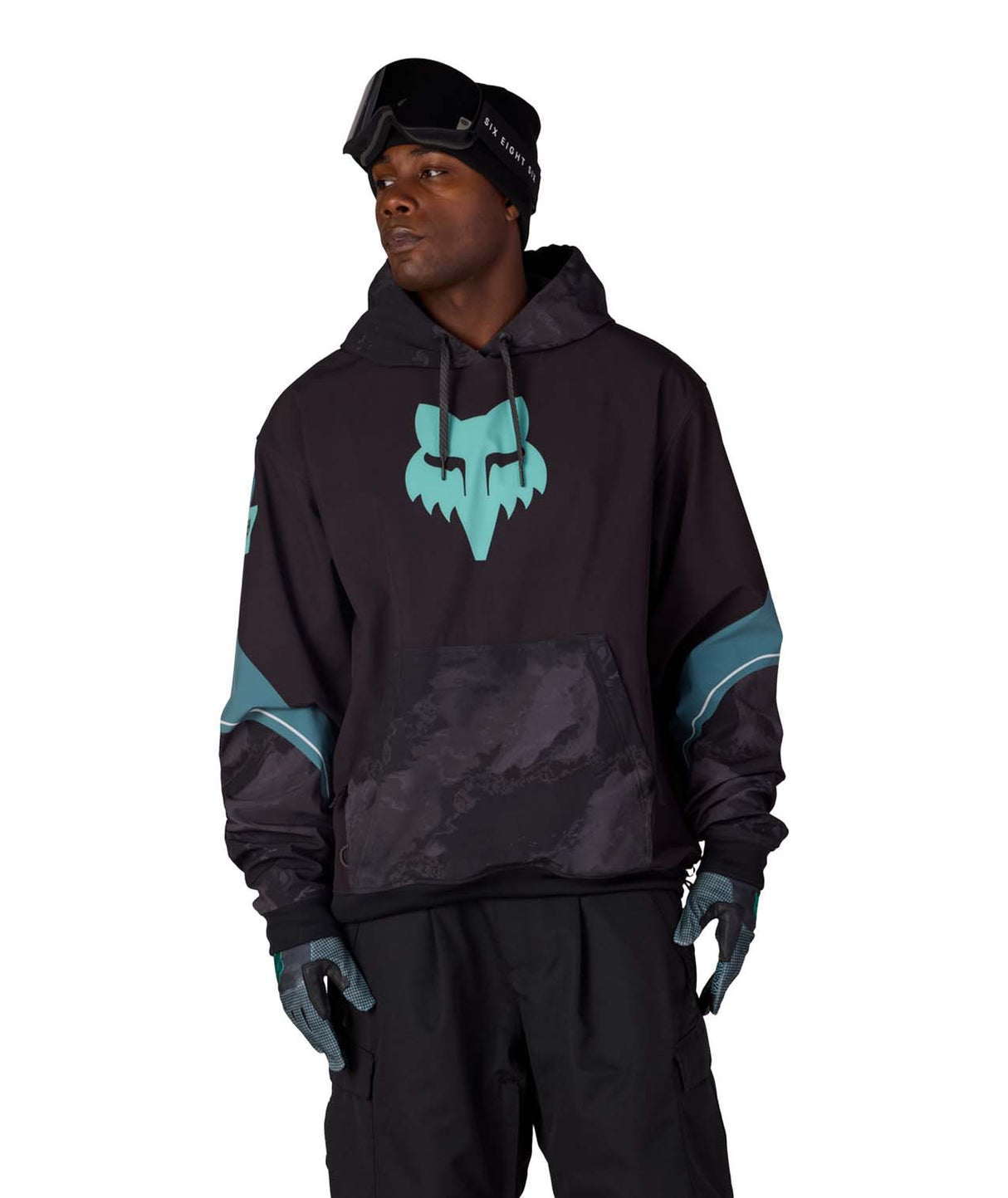 MFoxRacingWaterproofTeamHoody-Person wearing a black hoodie with a blue logo on a white background