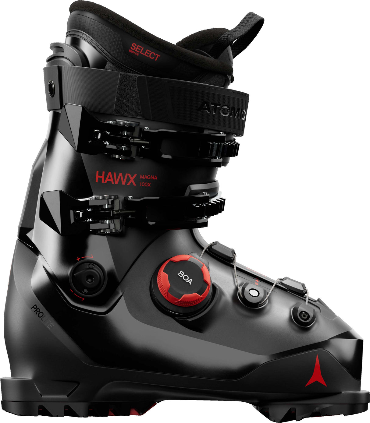 MHawxMagna100XBOA- Black and red Atomic Hawx ski boot on a white background