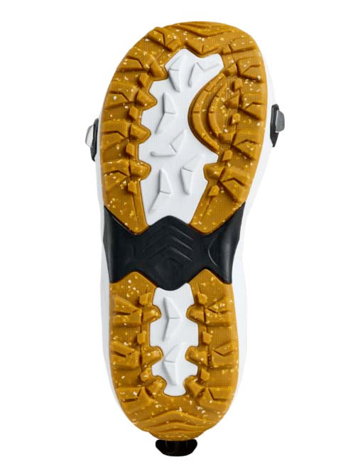MHighshotStepOnSBBoot- Black snowboard boot on a white background