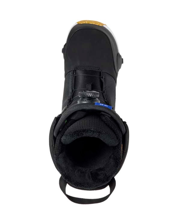 MHighshotStepOnSBBoot- Black snowboard boot on a white background