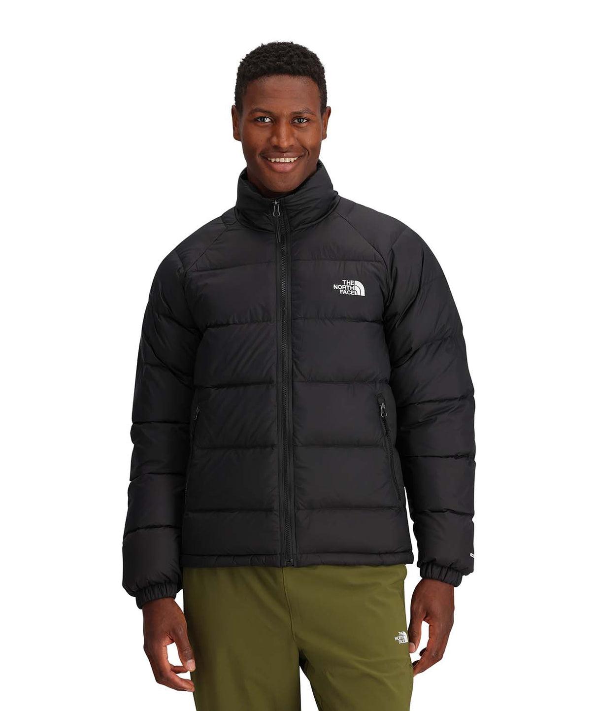 MHydrenaliteDownJacket-Person wearing a black puffer jacket with a brand logo on a white background