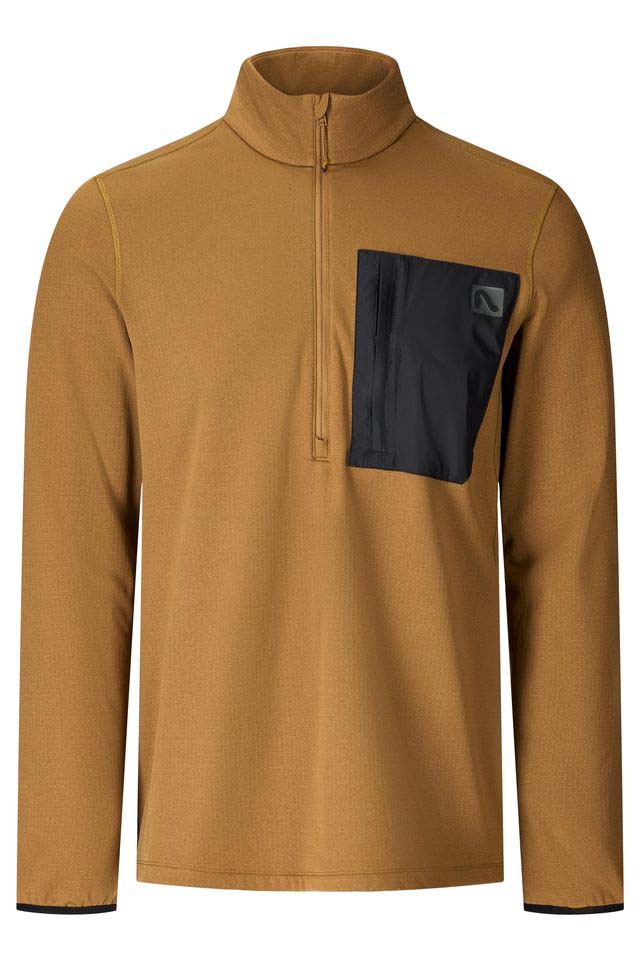 MMateoFleece-Brown long-sleeve shirt with a black pocket on a white background