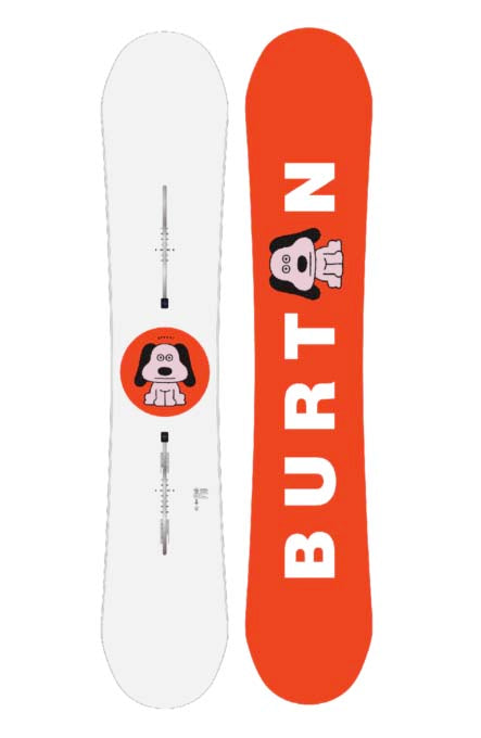 MProcessFlyingVSnowboard- Two views of a snowboard with a white and red design on a white background