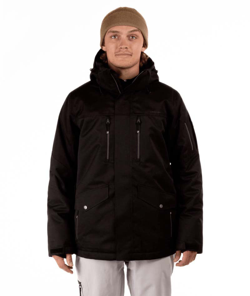 MQuestJacket-Person wearing a black jacket and beige beanie on a white background