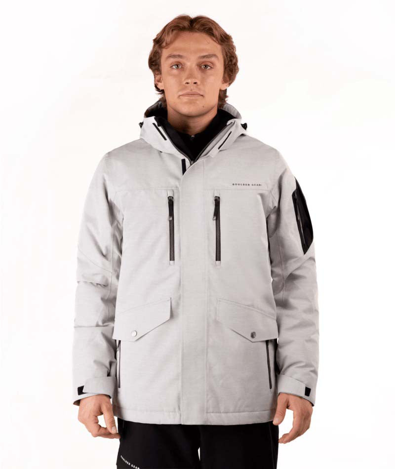 MQuestJacket-Man wearing a light gray jacket with black accents on a white background