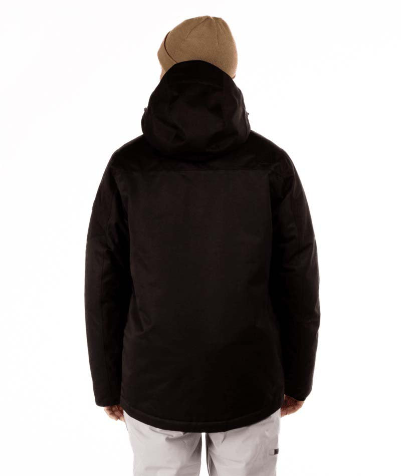 MQuestJacket-Person wearing a black jacket and beige beanie on a white background