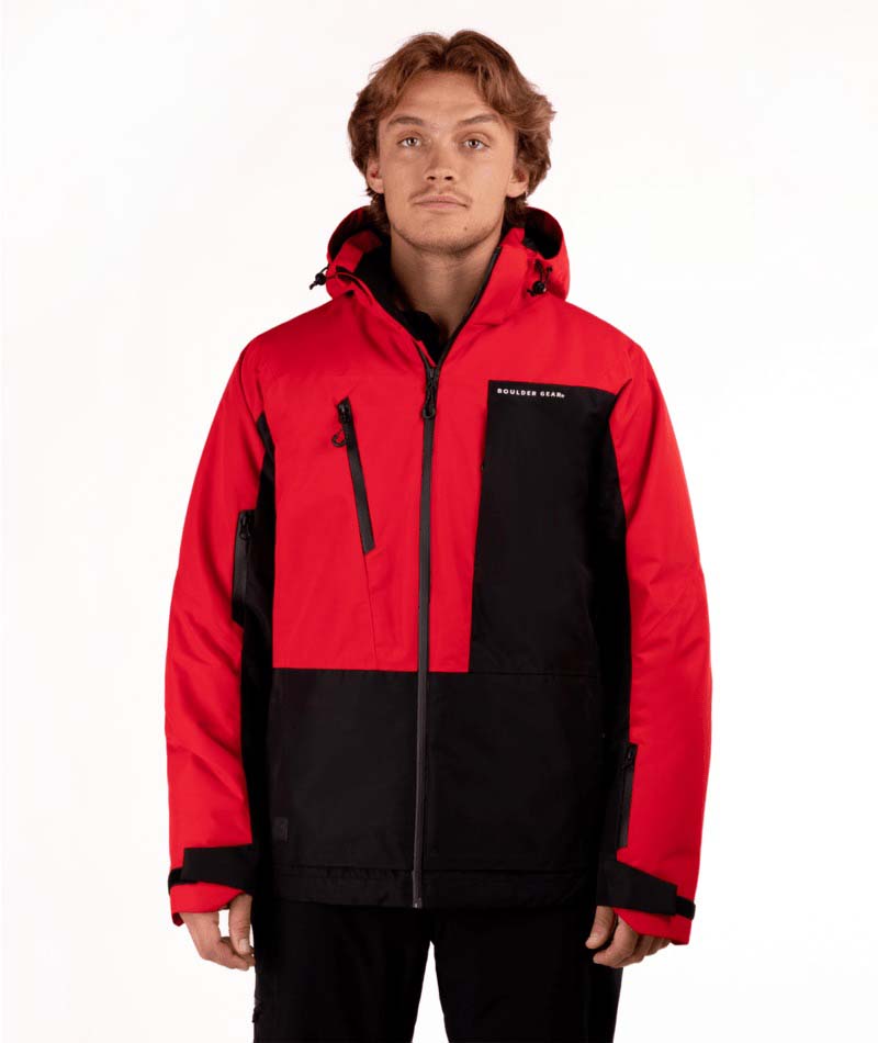 MReactorJacket-Person wearing a red and black jacket with a brand logo on a white background