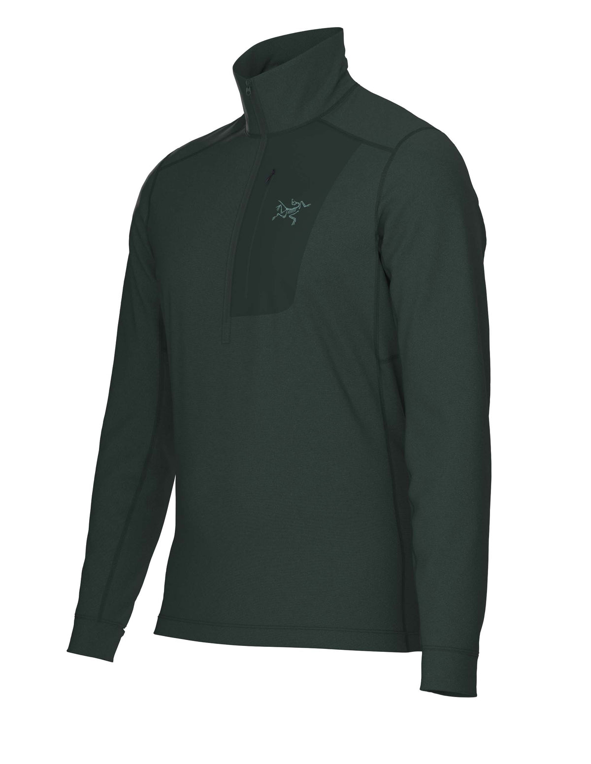 MRhoLTZipNeck- A dark green quarter zip with a dark green patch on the left upper chest that has a zipper pocket on a white background