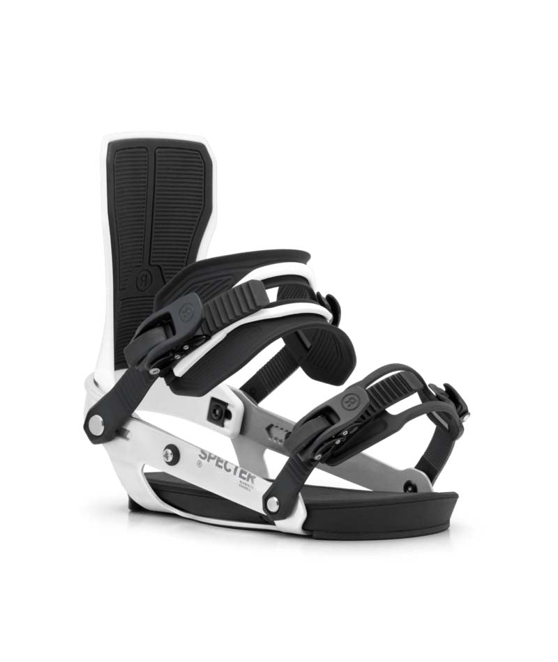 MSpecter- White snowboard bindings on a white background