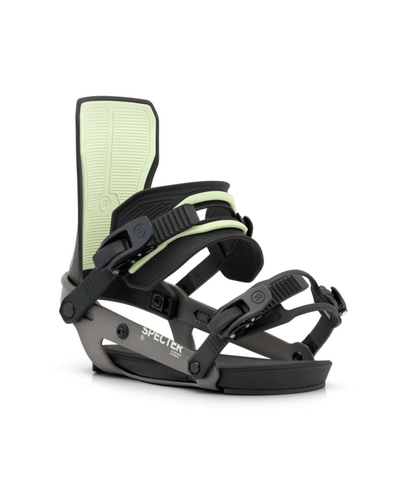 MSpecter- Black snowboard bindings on a white background