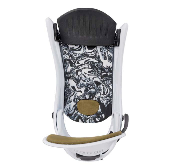 MStepOnCartelXSnowboardBindings-White snowboard binding with black accents on a white background
