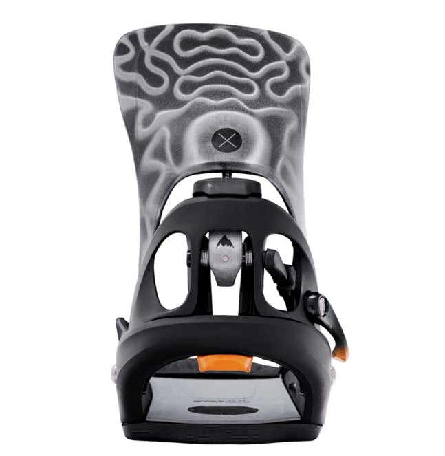 MStepOnXReFlexSnowboardBindings-Black, orange, and gray snowboard binding on a white background