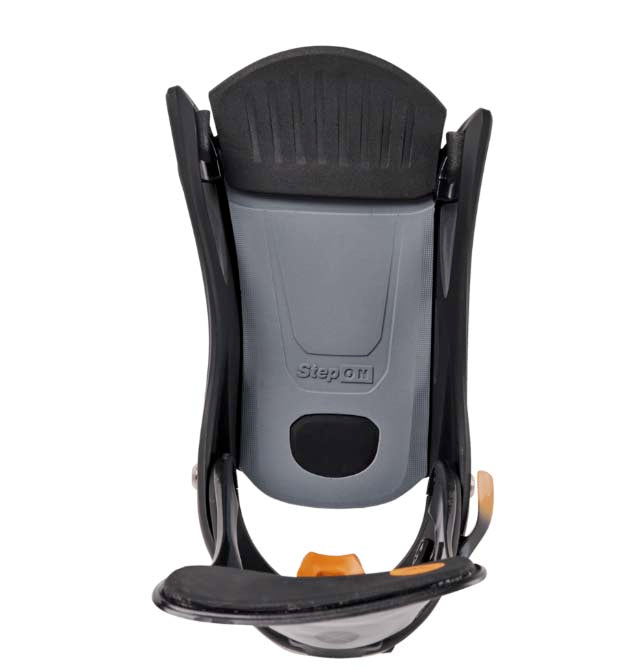 MStepOnXReFlexSnowboardBindings-Black, orange, and gray snowboard binding on a white background