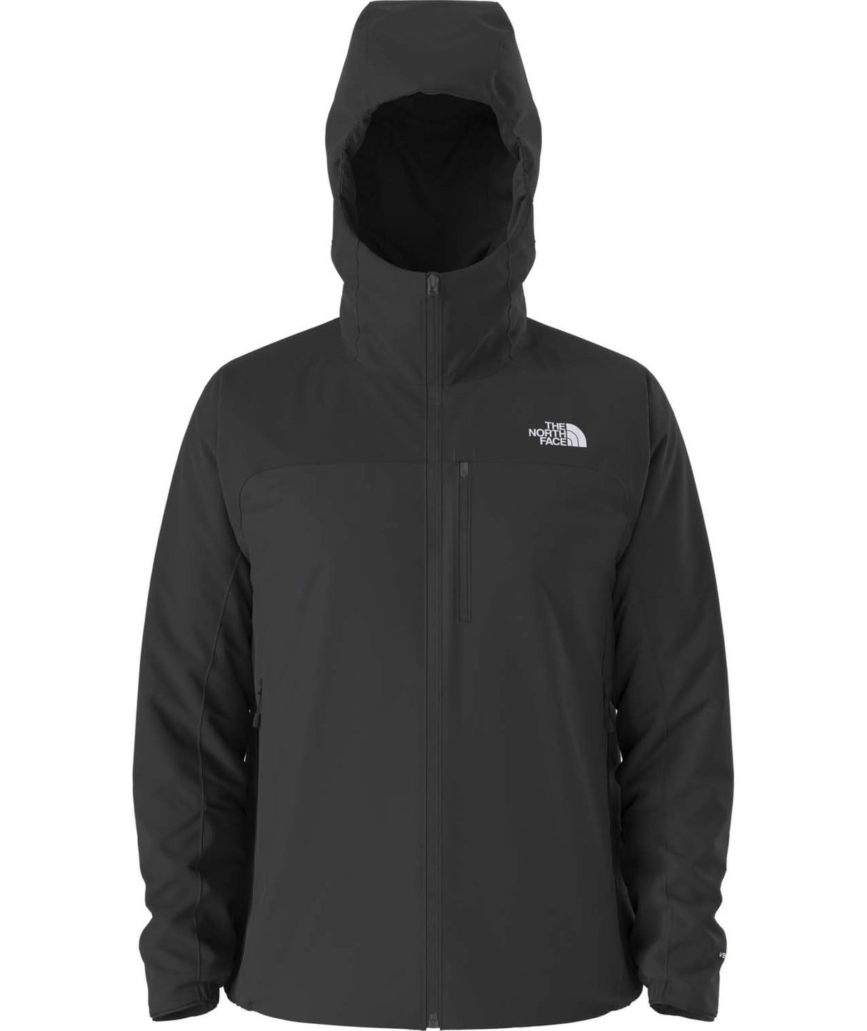 MSummitCasavalHoodie-Black hooded jacket with The North Face logo on the back against a white background