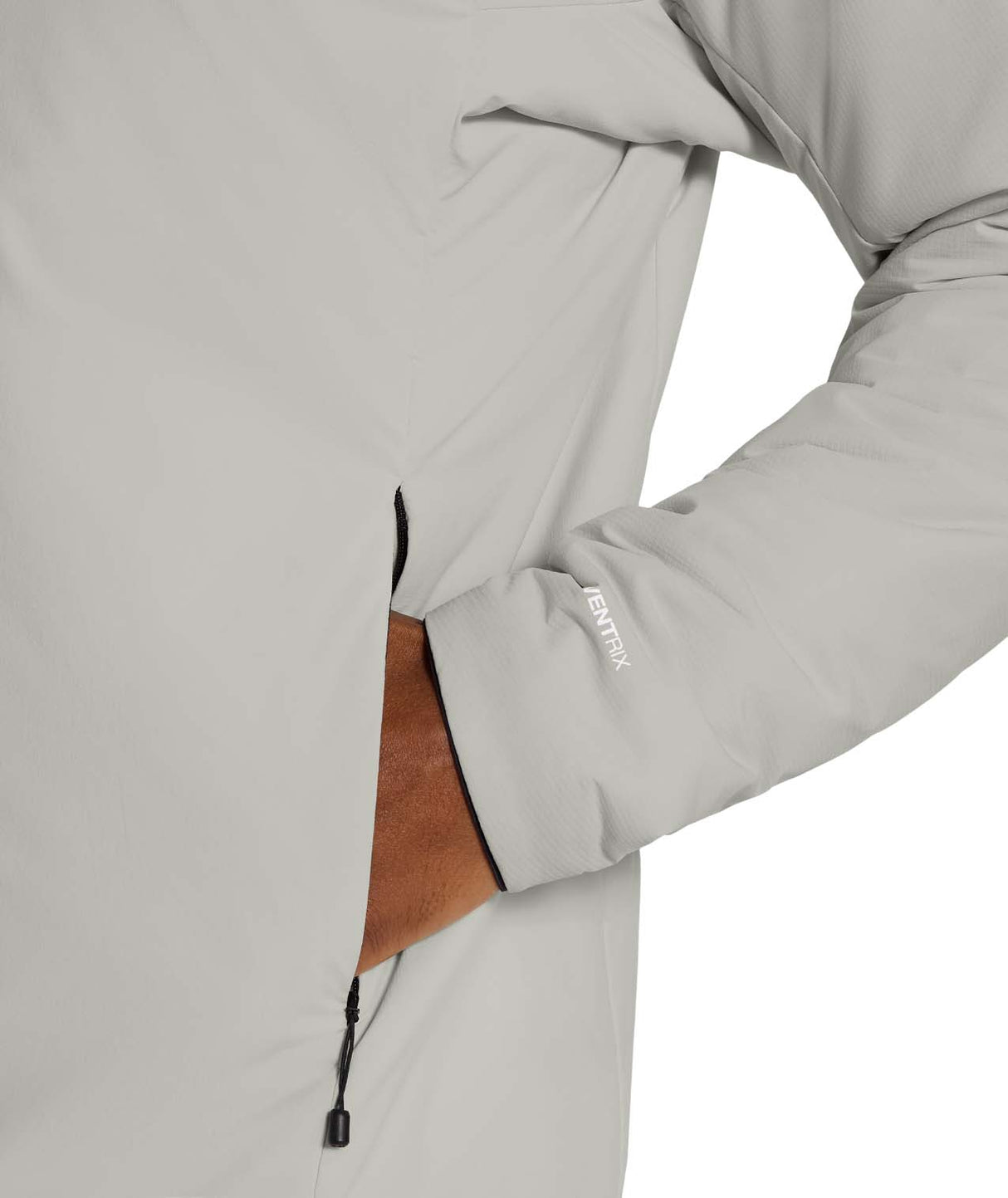 MSummitCasavalHoodie-Light grey hooded jacket with The North Face logo on the back against a white background