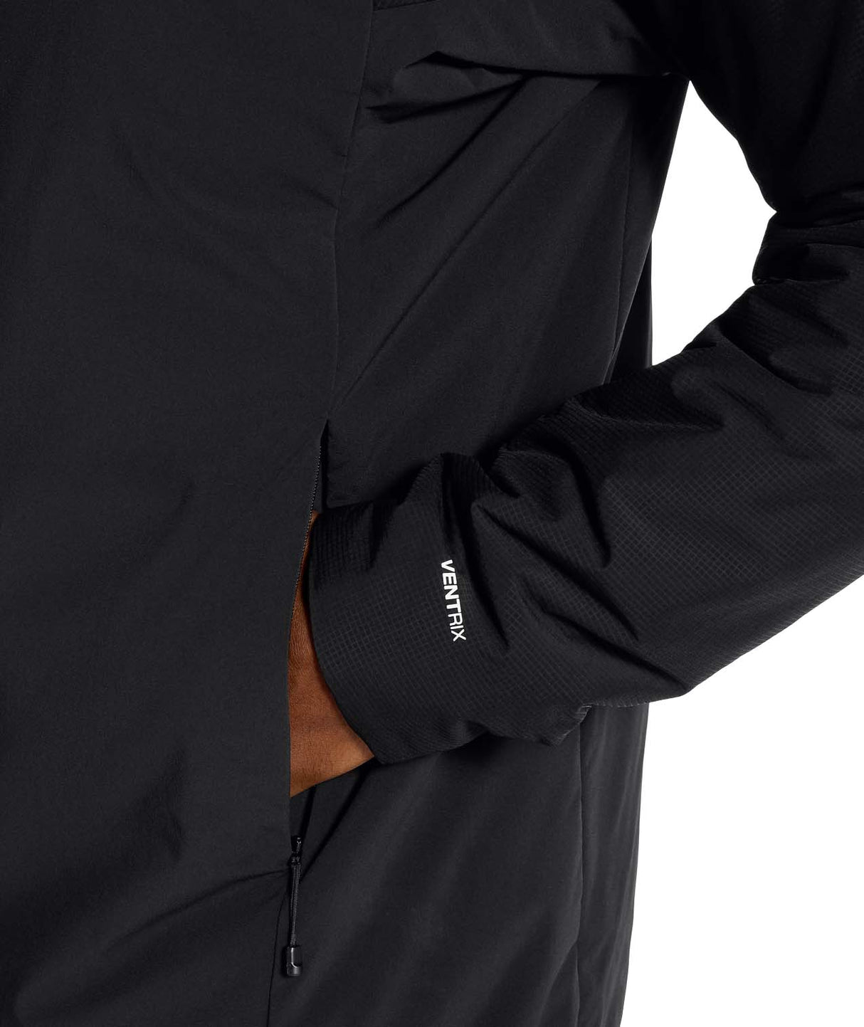 MSummitCasavalHoodie-Close-up of a black jacket with Ventrix branding on a white background