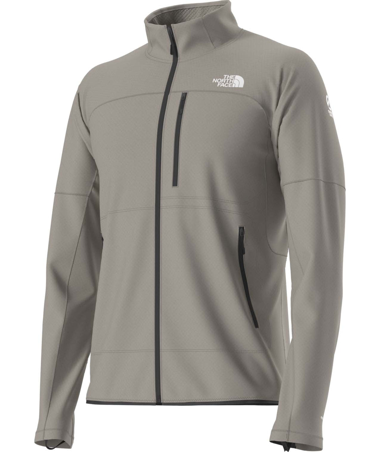 MSummitFUTUREFLEECEFullZipJacket-Gray jacket with black zipper and The North Face logo on a white background