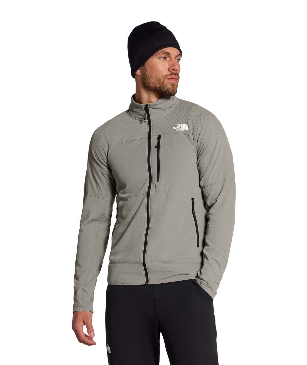 MSummitFUTUREFLEECEFullZipJacket-Man wearing a gray jacket and black beanie on a white background