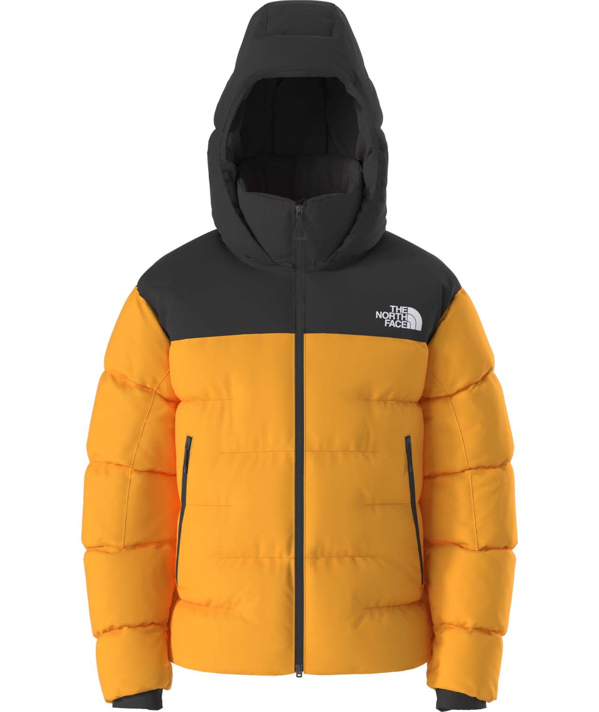 MSummitNuptseJacket-Yellow and black puffer jacket with The North Face logo on a white background