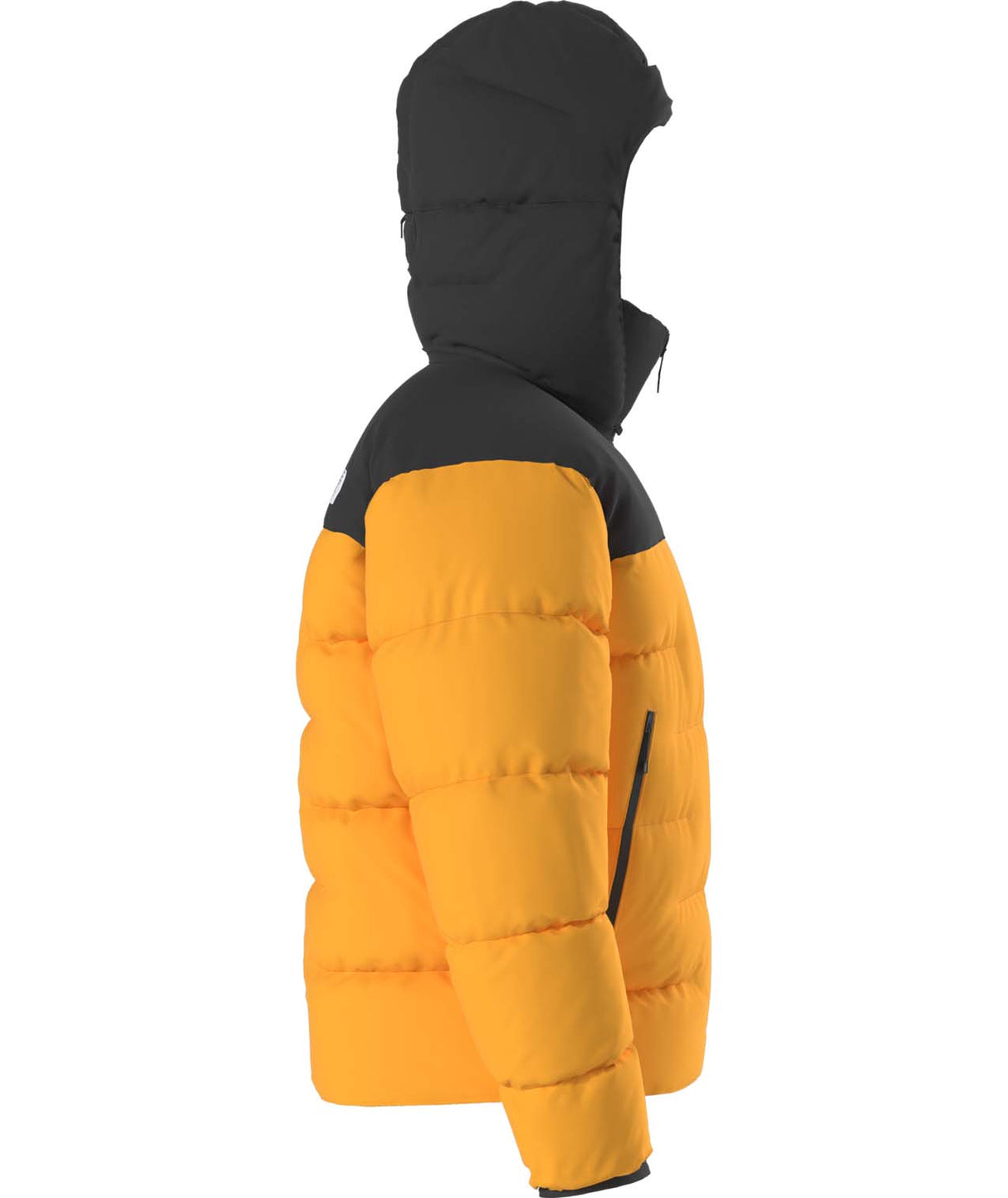 MSummitNuptseJacket-Yellow and black puffer jacket with The North Face logo on a white background