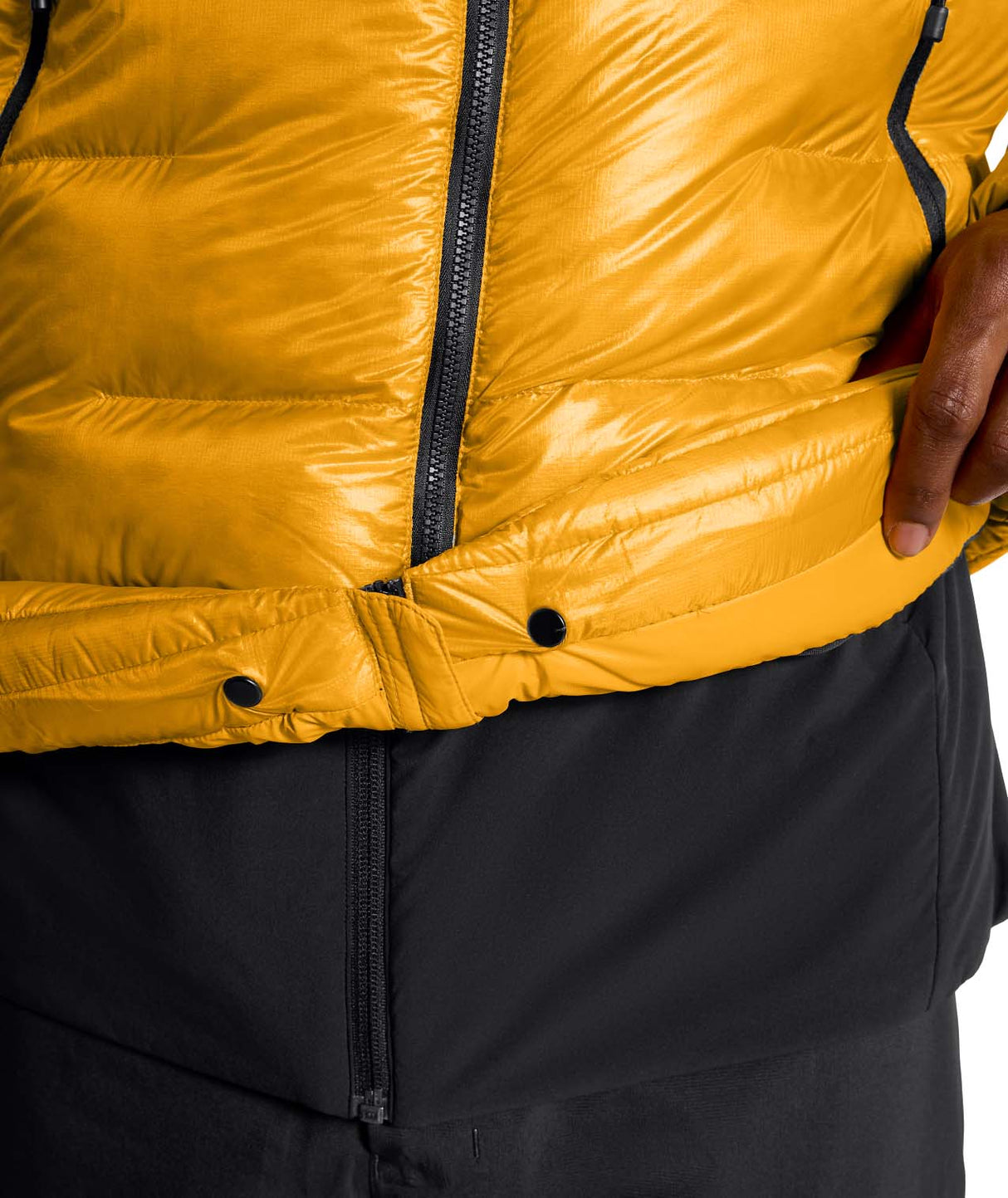 MSummitNuptseJacket-Yellow and black puffer jacket with The North Face logo on a white background