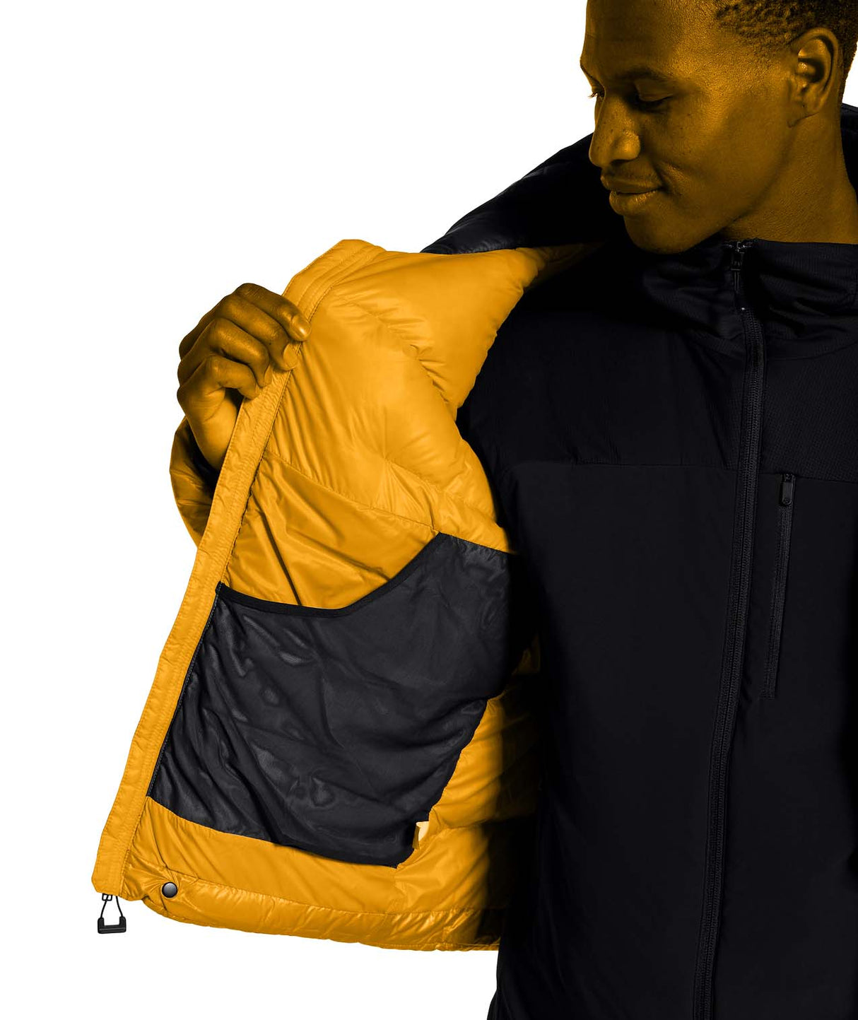 MSummitNuptseJacket-Yellow and black puffer jacket with The North Face logo on a white background