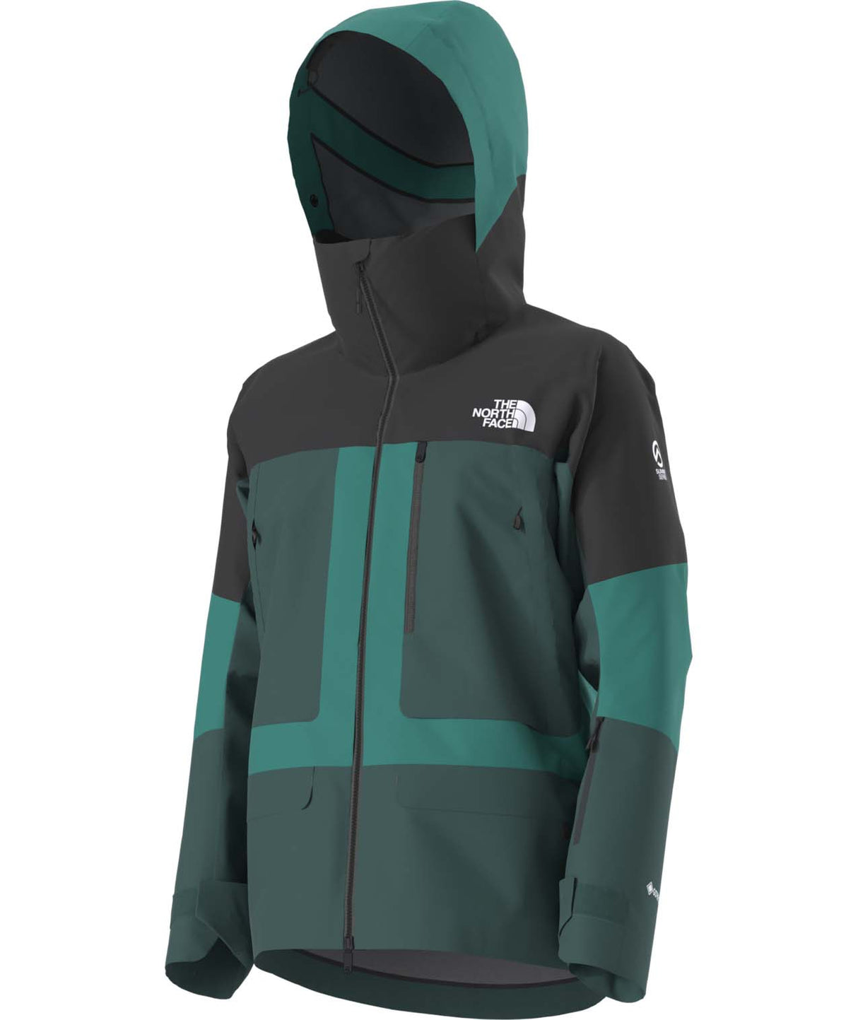 MSummitVerbierGTXJacket- Green and Black hooded jacket with North Face logo on white background
