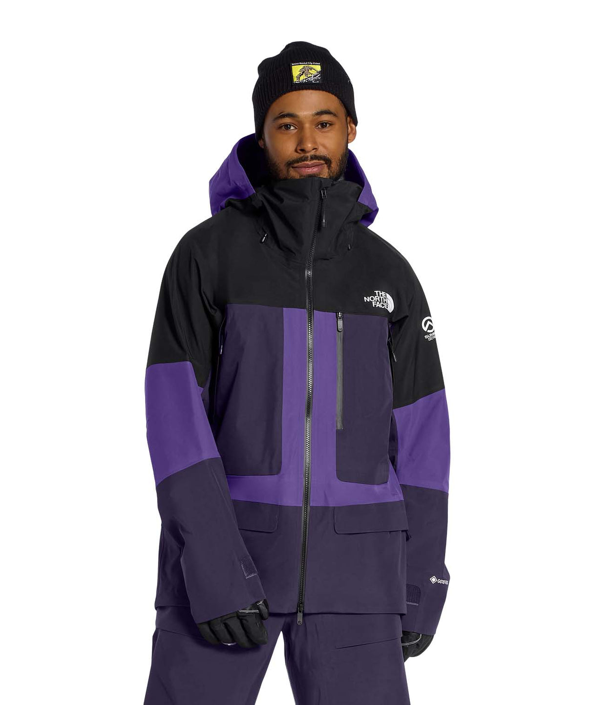MSummitVerbierGTXJacket- Black and Purple hooded jacket with North Face logo on white background