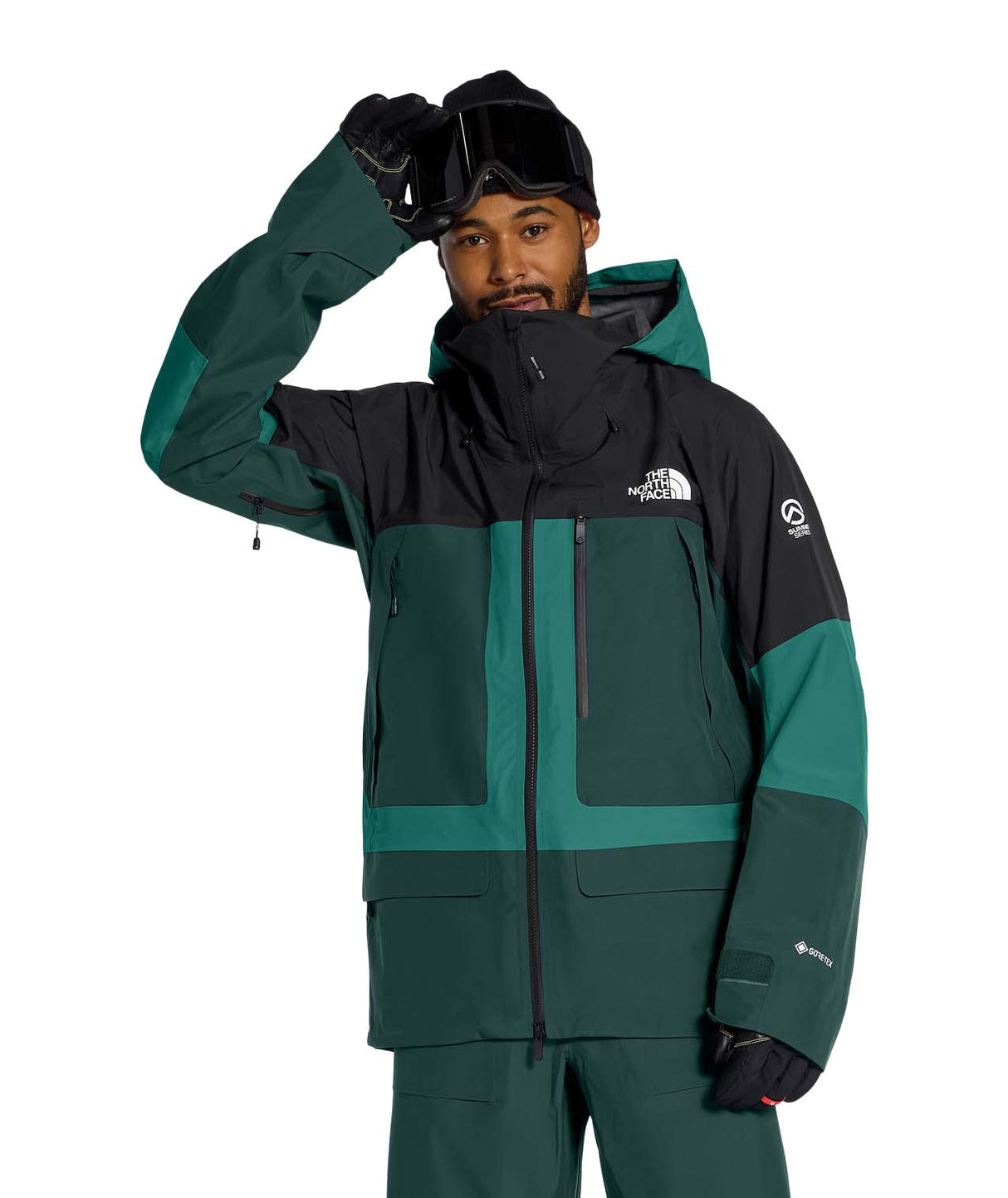MSummitVerbierGTXJacket- Green and Black hooded jacket with North Face logo on white background