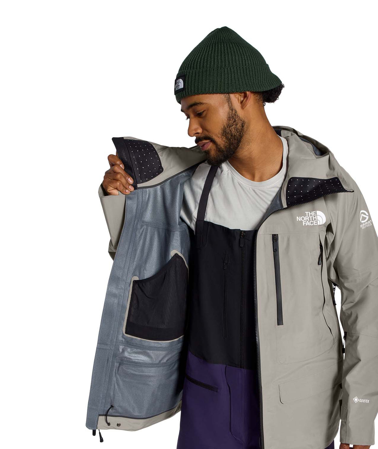 MSummitVerbierGTXJacket- Beige hooded jacket with North Face logo on white background