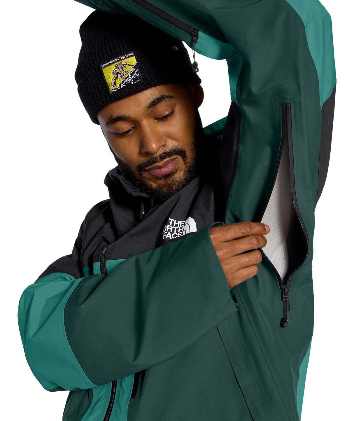 MSummitVerbierGTXJacket- Green and Black hooded jacket with North Face logo on white background
