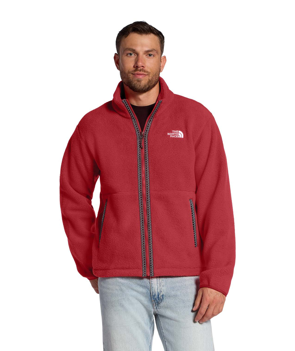 MTNFFleeskiFullZipJacket- Man wearing a red jacket with beige stripes on either side of the zipper on a white background