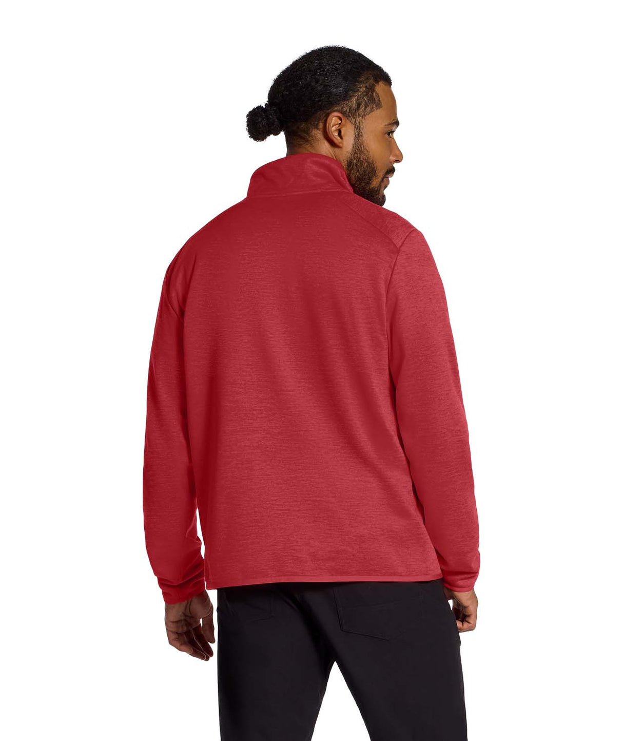 MTNFPerformanceFleece1_4Zip-Man wearing a red pullover with a brand logo on a white background