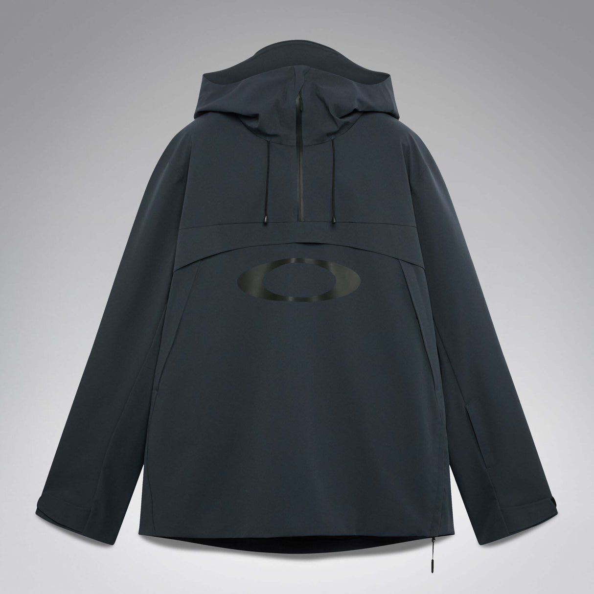 MTimberlineShellAnorak-A dark gray hooded jacket with a large tonal Oakley logo on the chest, displayed against a neutral gray background.