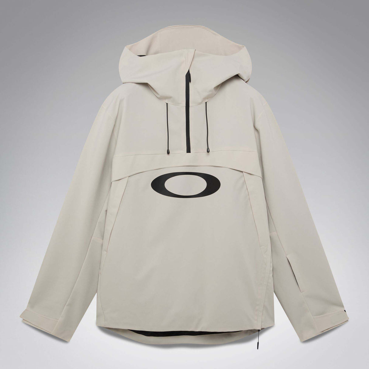 MTimberlineShellAnorak-An off-white hooded anorak jacket with a large black Oakley logo on the chest, displayed against a neutral gray gradient background.