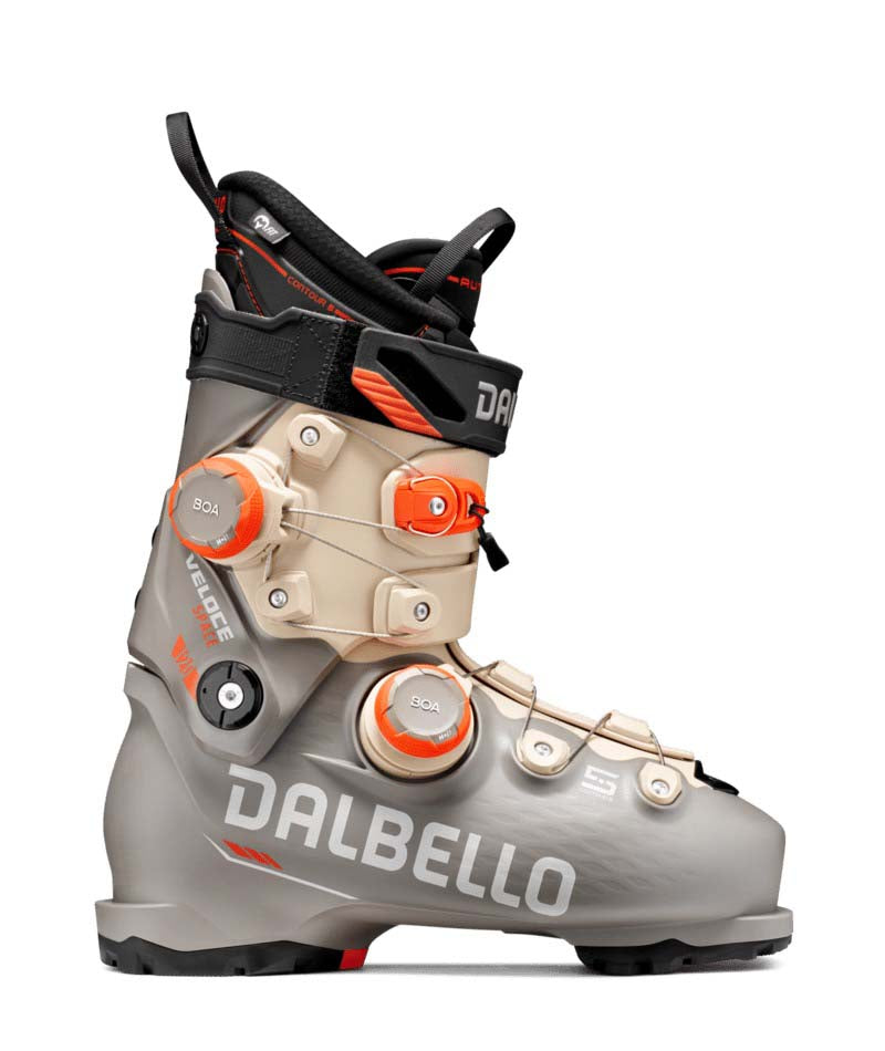 MVeloceSpace120DualBOA-Gray Dalbello ski boot with red accents on a white background