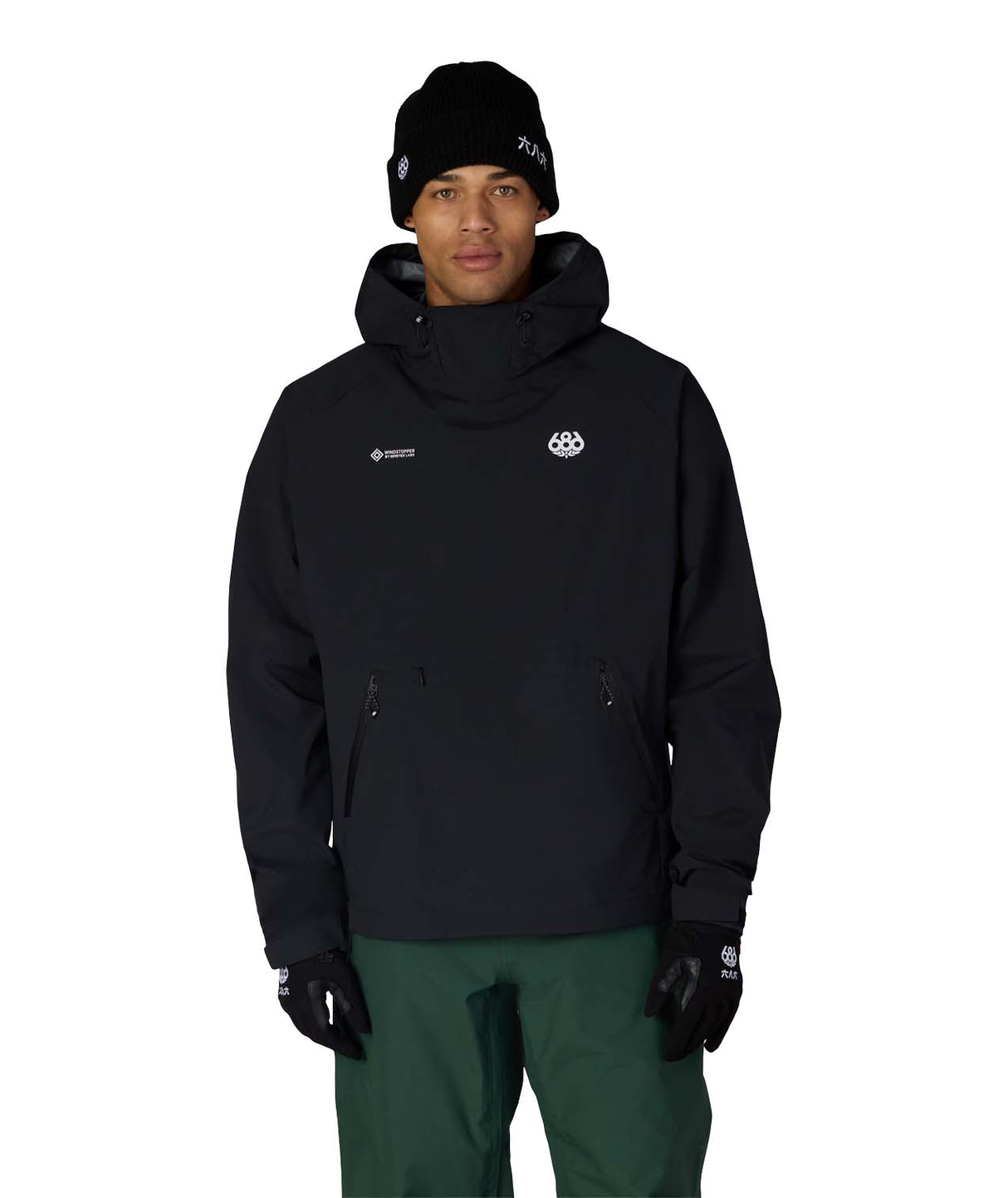 MWindstopperPulloverHoody-Person wearing a black jacket with a logo on a white background