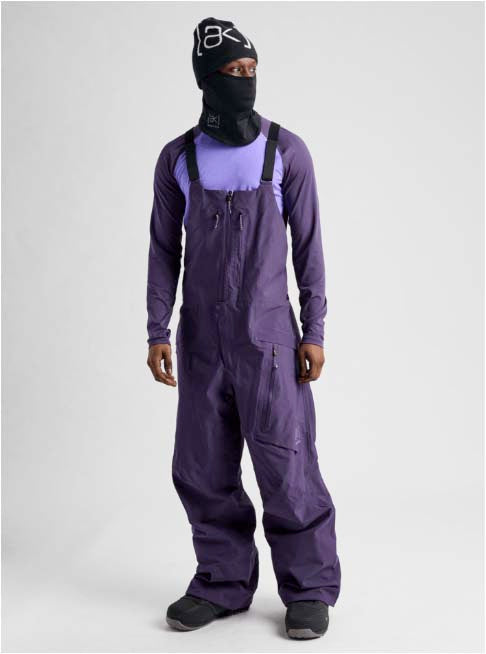 M_ak_CyclicGORE-TEX2LBibPants-Purple snow pants with suspenders on a white background