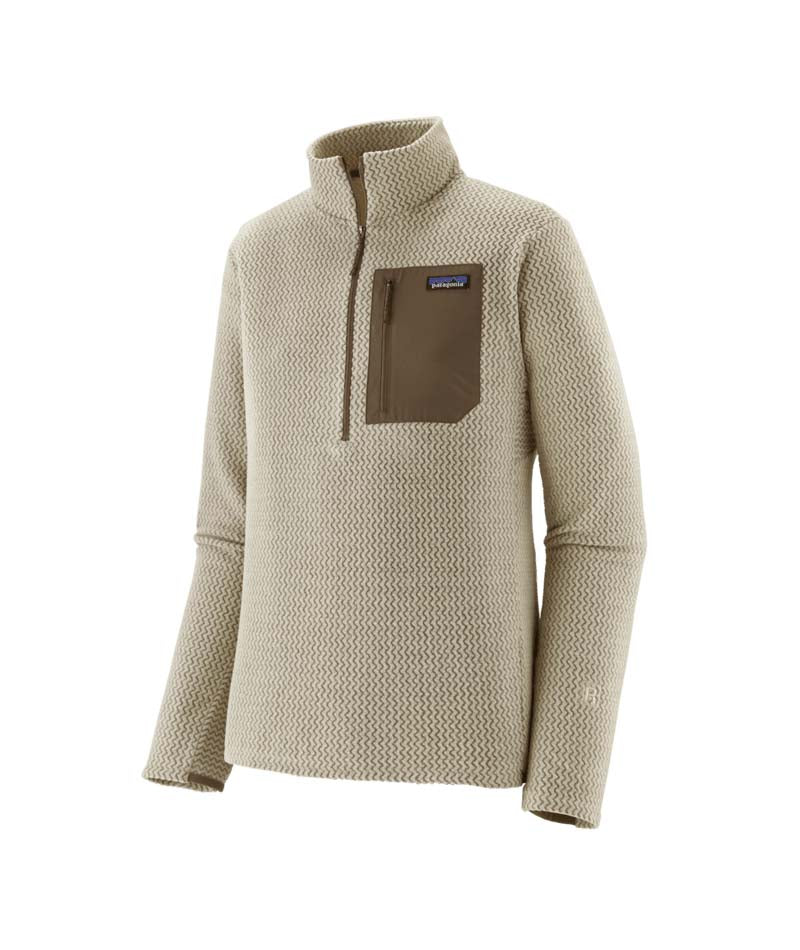 Patagonia R1 Air Zip Neck Mens- A beige textured quarter-zip fleece pullover with a brown chest pocket and a visible Patagonia logo patch, shown on a plain white background.