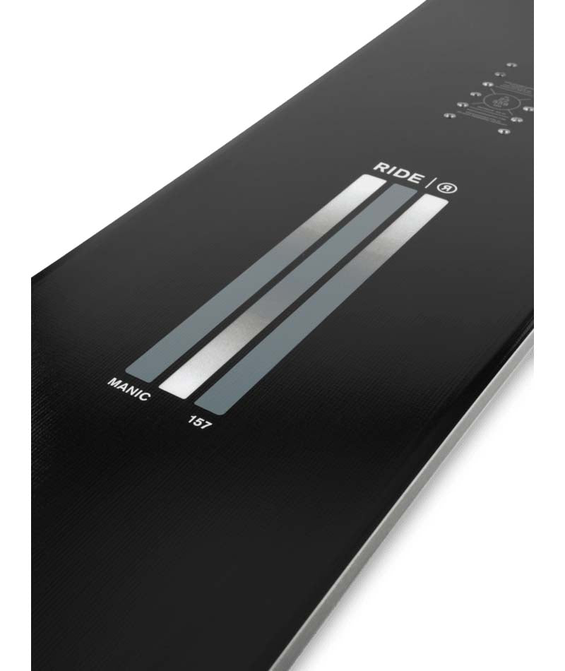Manic- Black multicolored snowboard on a white background