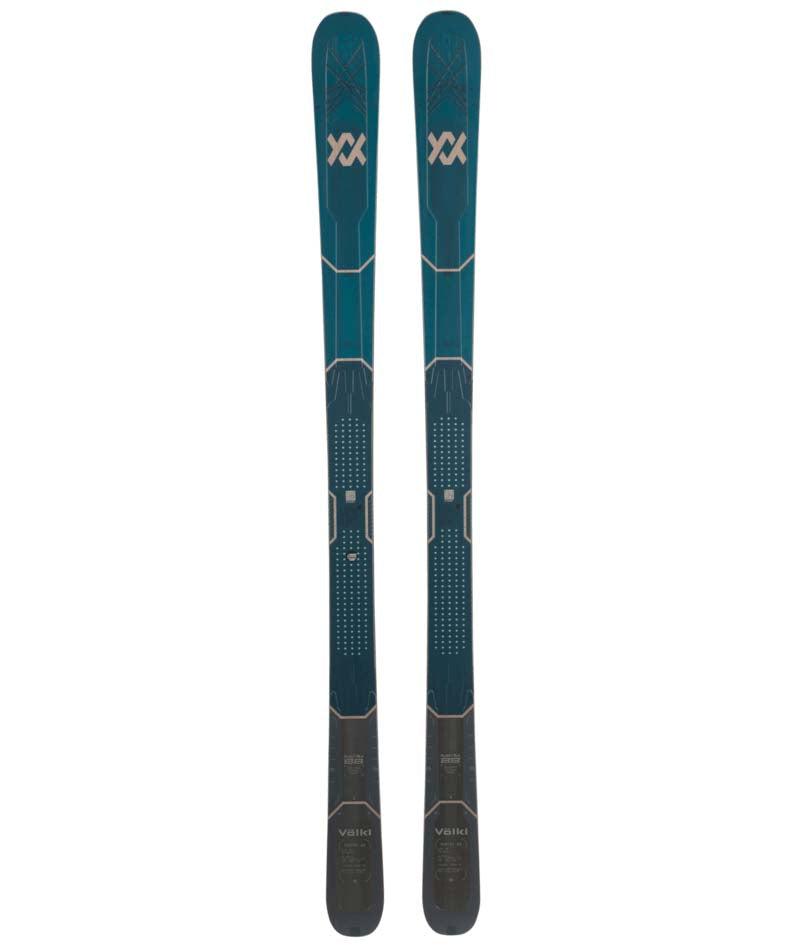 Mantra88Flat-Pair of blue skis with bindings on a white background