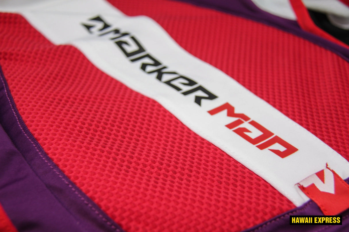 MarkerWBodyVestMAPProtection- Purple, white, and red protective vest on a white background